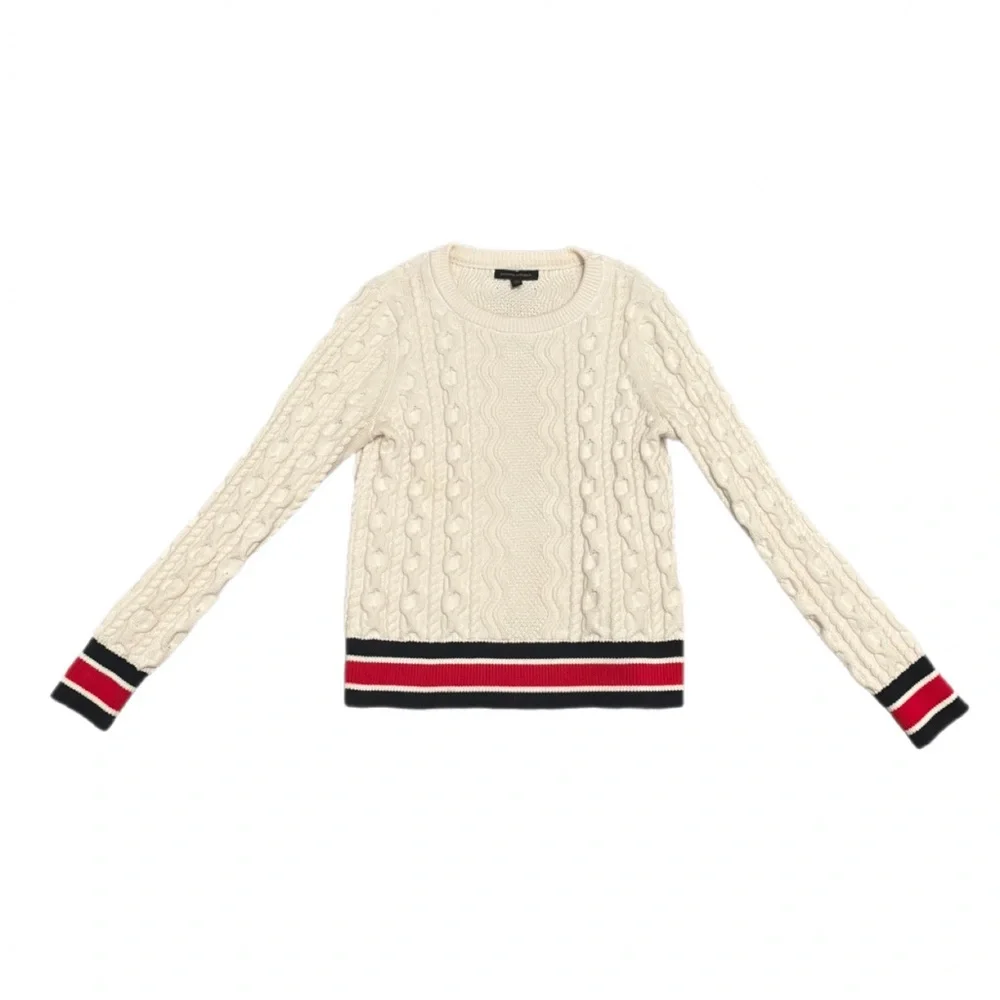 Banana Republic Cable Knit Sweater White Red Navy Trim Size M - Picture 1 of 6
